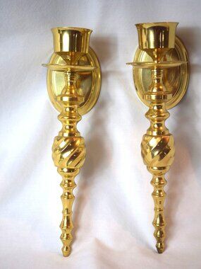 Vintage Pair Heavy Brass Wall Mount Decorative Candlestick Sconces